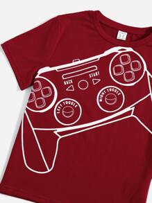 SHEIN Boys Graphic Print Tee & Track Shorts Set - Burgundy - View 3