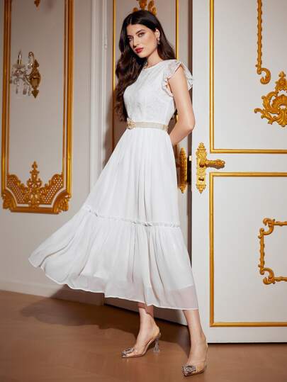SHEIN Floral Embroidery Mesh Panel Butterfly Sleeve Ruffle Hem Chiffon Dress