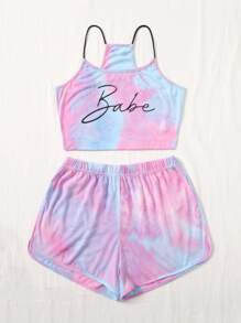 Soleia 字母圖案紮染吊帶上衣和海豚短褲套裝