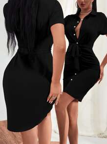 VaVaBold Vestido con cinturón de manga murciélago fruncido con botón - Negro - Ver 4