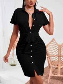 VaVaBold Vestido con cinturón de manga murciélago fruncido con botón - Negro - Ver 5