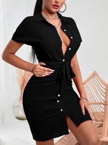 VaVaBold Vestido con cinturón de manga murciélago fruncido con botón - Negro - Ver 6