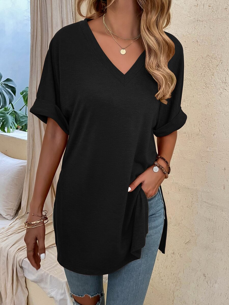 SHEIN LUNE Batwing Sleeve Split Hem Tee - Black - View 1