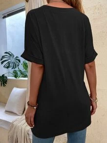 SHEIN LUNE Batwing Sleeve Split Hem Tee - Black - View 2