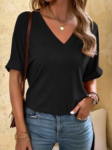 SHEIN LUNE Batwing Sleeve Split Hem Tee - Black - View 6