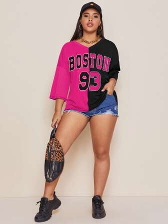 Camiseta de hombros caídos de dos tonos con estampado de letra