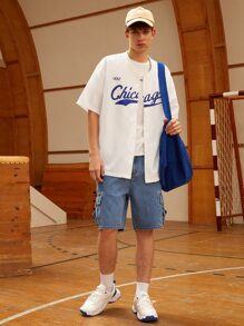 Manfinity Hombres Camisa con estampado de letra cuello béisbol - Blanco - Ver 2