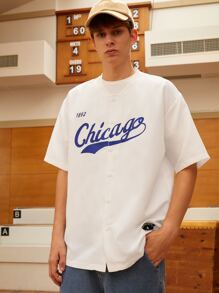 Manfinity Hombres Camisa con estampado de letra cuello béisbol - Blanco - Ver 5