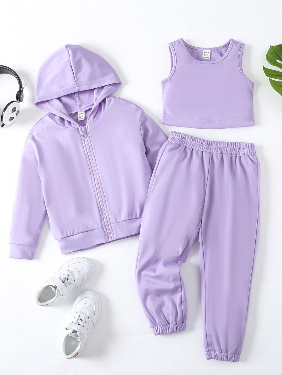 SHEIN 小女童背心上衣和拉鏈連帽衫和運動褲 - 紫丁香色 - 查看 1