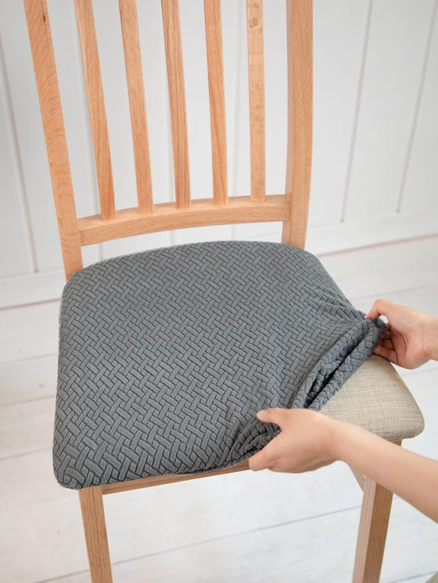 1/4/6pcs Plain Elastic Textured Chair Seat Cushion Covers - Grey - View 1