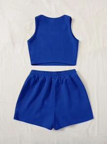 SHEIN EZwear 夏季低圓領背心和運動短褲休閒套裝 - 寶藍色 - 查看 2