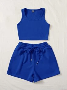 SHEIN EZwear 夏季低圓領背心和運動短褲休閒套裝 - 寶藍色 - 查看 3