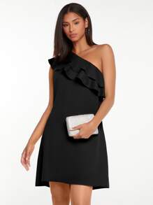 SHEIN Tall Đầm Bất đối xứng Xù phân lớp màu trơn Thanh lịch - màu đen - Xem 4