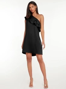 SHEIN Tall Đầm Bất đối xứng Xù phân lớp màu trơn Thanh lịch - màu đen - Xem 5