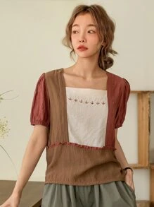 DAZY Colourblock Frill Trim Puff Sleeve Blouse - Multicolor - View 3