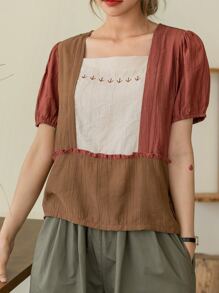 DAZY Colourblock Frill Trim Puff Sleeve Blouse - Multicolor - View 6