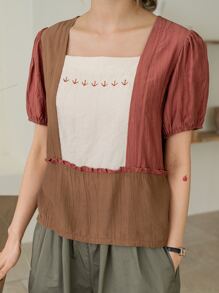 DAZY Colourblock Frill Trim Puff Sleeve Blouse - Multicolor - View 8