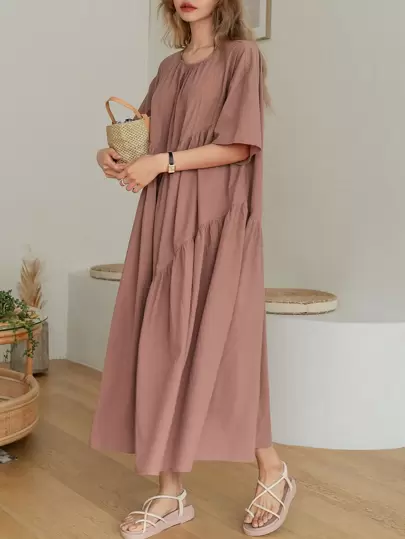 DAZY 無地柄 ドロップショルダー スモックドレスの画像