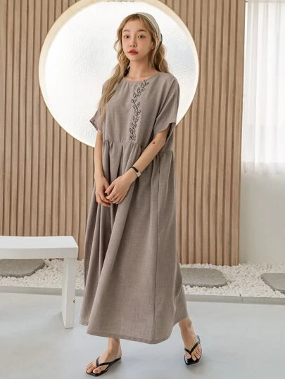 DAZY Plant Embroidery Batwing Sleeve Smock Dress Sundress,Casual Women Dresses