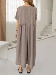 DAZY Plant Embroidery Batwing Sleeve Smock Dress Sundress,Casual Women Dresses - Khaki - View 2