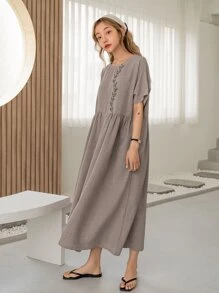 DAZY Plant Embroidery Batwing Sleeve Smock Dress Sundress,Casual Women Dresses - Khaki - View 4