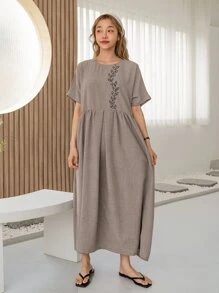 DAZY Plant Embroidery Batwing Sleeve Smock Dress Sundress,Casual Women Dresses - Khaki - View 5