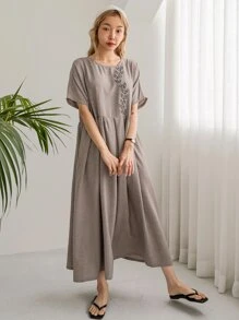 DAZY Plant Embroidery Batwing Sleeve Smock Dress Sundress,Casual Women Dresses - Khaki - View 6
