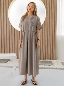 DAZY Plant Embroidery Batwing Sleeve Smock Dress Sundress,Casual Women Dresses - Khaki - View 7