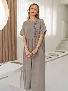 DAZY Plant Embroidery Batwing Sleeve Smock Dress Sundress,Casual Women Dresses - Khaki - View 8