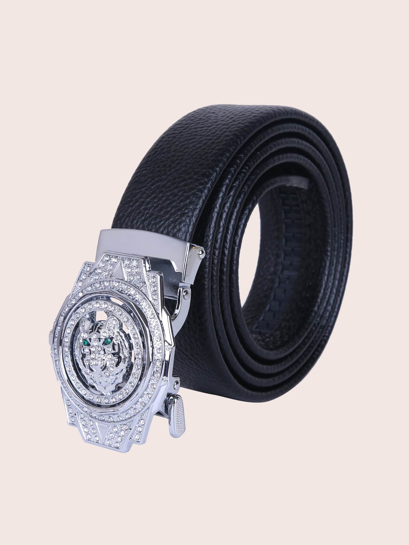 Hombres Cinturón con hebilla de litchi en relieve con diseño de diamante de imitación automático - Negro - Ver 1