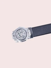 Hombres Cinturón con hebilla de litchi en relieve con diseño de diamante de imitación automático - Negro - Ver 3