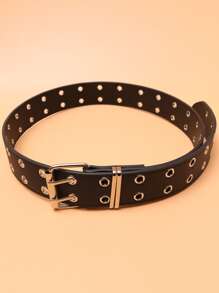 1pc Men's Double Eyelet Buckle Punk Style Belt, PU Leather Belt Summer, School Fall, Autumn, Halloween Autumn-Winter Accessories,Suitable For Teens, Youth,Men,Casual, Outdoor, Athletic, Vacation, Graduation Gifts, Birthday, Daily Wear - Black - View 4