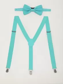 Men Solid Suspenders & Bow Tie - Teal Blue - View 1