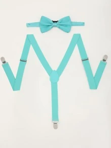Men Solid Suspenders & Bow Tie - Teal Blue - View 3