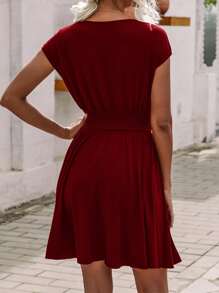 SHEIN LUNE Overlap Collar Shirred Waist Dress - Burgundy - View 2