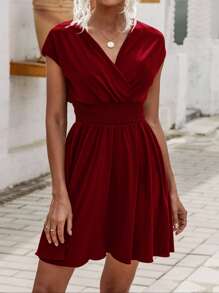 SHEIN LUNE Overlap Collar Shirred Waist Dress - Burgundy - View 4