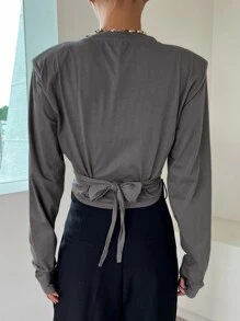 DAZY 素色交叉後綁帶短款T恤 - 深灰色 - 查看 2