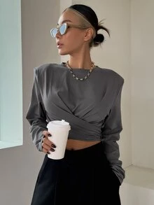 DAZY 素色交叉後綁帶短款T恤 - 深灰色 - 查看 3