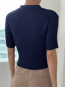 DAZY Cổ Polo Đồ đan Ribbed Áo - Màu xanh hải quân - Xem 2