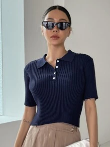 DAZY Cổ Polo Đồ đan Ribbed Áo - Màu xanh hải quân - Xem 4