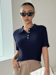 DAZY Cổ Polo Đồ đan Ribbed Áo - Màu xanh hải quân - Xem 6