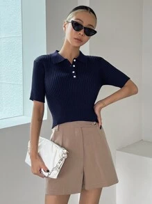 DAZY Cổ Polo Đồ đan Ribbed Áo - Màu xanh hải quân - Xem 7