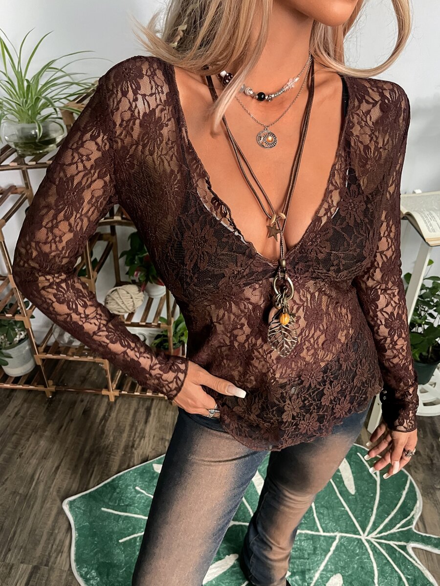 ROMWE PUNK Áo Grunge Sâu v cổ mỏng Ren - màu nâu - Xem 1