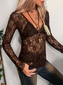 ROMWE PUNK Áo Grunge Sâu v cổ mỏng Ren - màu nâu - Xem 5