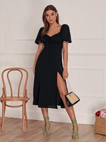 SHEIN Privé 前繫帶高衩洋裝 - 黑色 - 查看 1