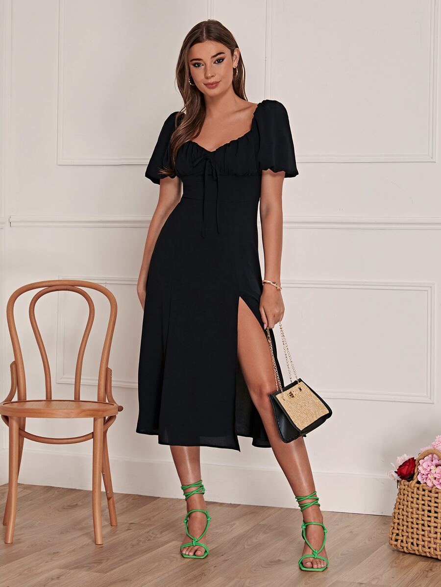 SHEIN Privé 前繫帶高衩洋裝 - 黑色 - 查看 1