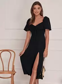 SHEIN Privé 前繫帶高衩洋裝 - 黑色 - 查看 4