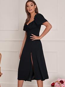 SHEIN Privé 前繫帶高衩洋裝 - 黑色 - 查看 5