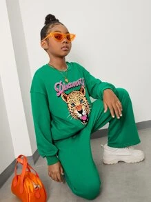 SHEIN Cô gái Tween Lá thư Và In hoa Báo Thả vai Áo chui đầu và quần thể thao - màu xanh lá - Xem 1