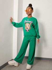 SHEIN Cô gái Tween Lá thư Và In hoa Báo Thả vai Áo chui đầu và quần thể thao - màu xanh lá - Xem 4